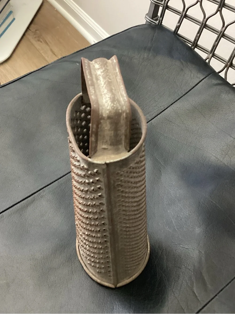 Antique Primitive small round metal tin cylinder grater. Most often used for